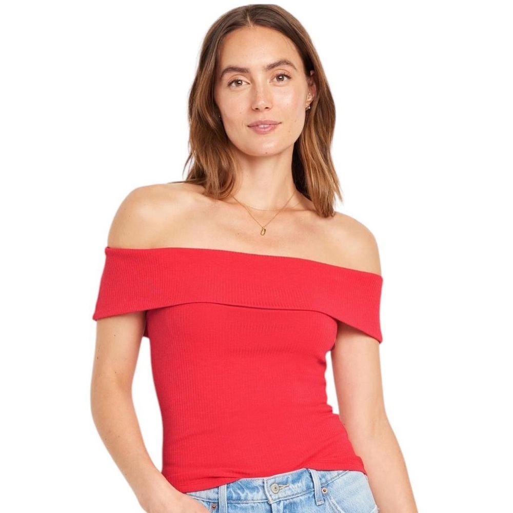 Off-Shoulder Ribbed Red Top - Picture 1 of 6